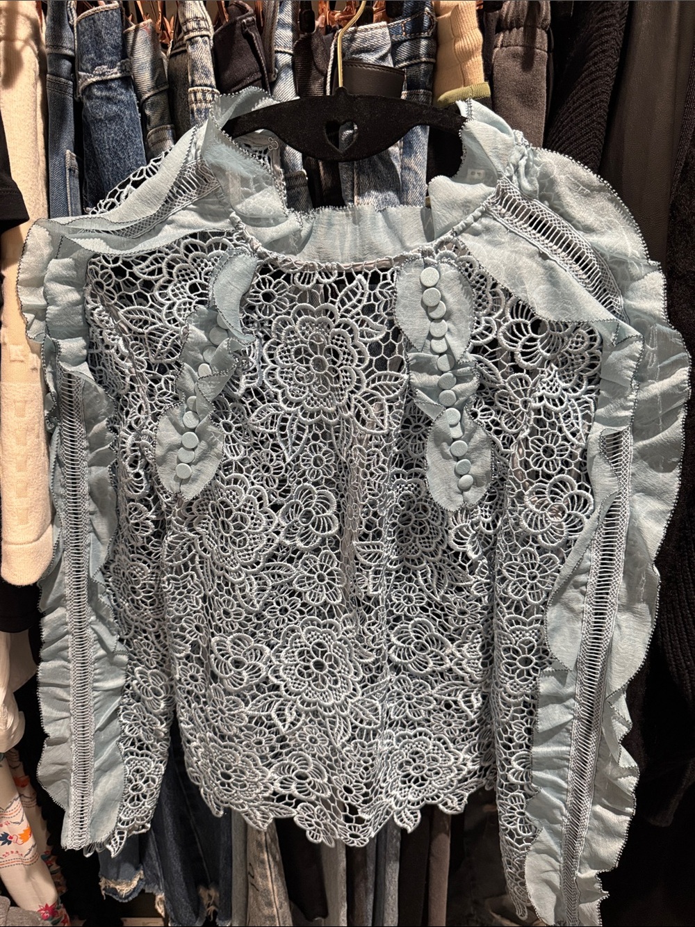 Self-Portrait Powder Blue Floral Lace Ruffle Top
